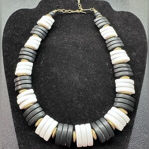 116- Avon - Black and White Beaded Necklace with Gold Accents
